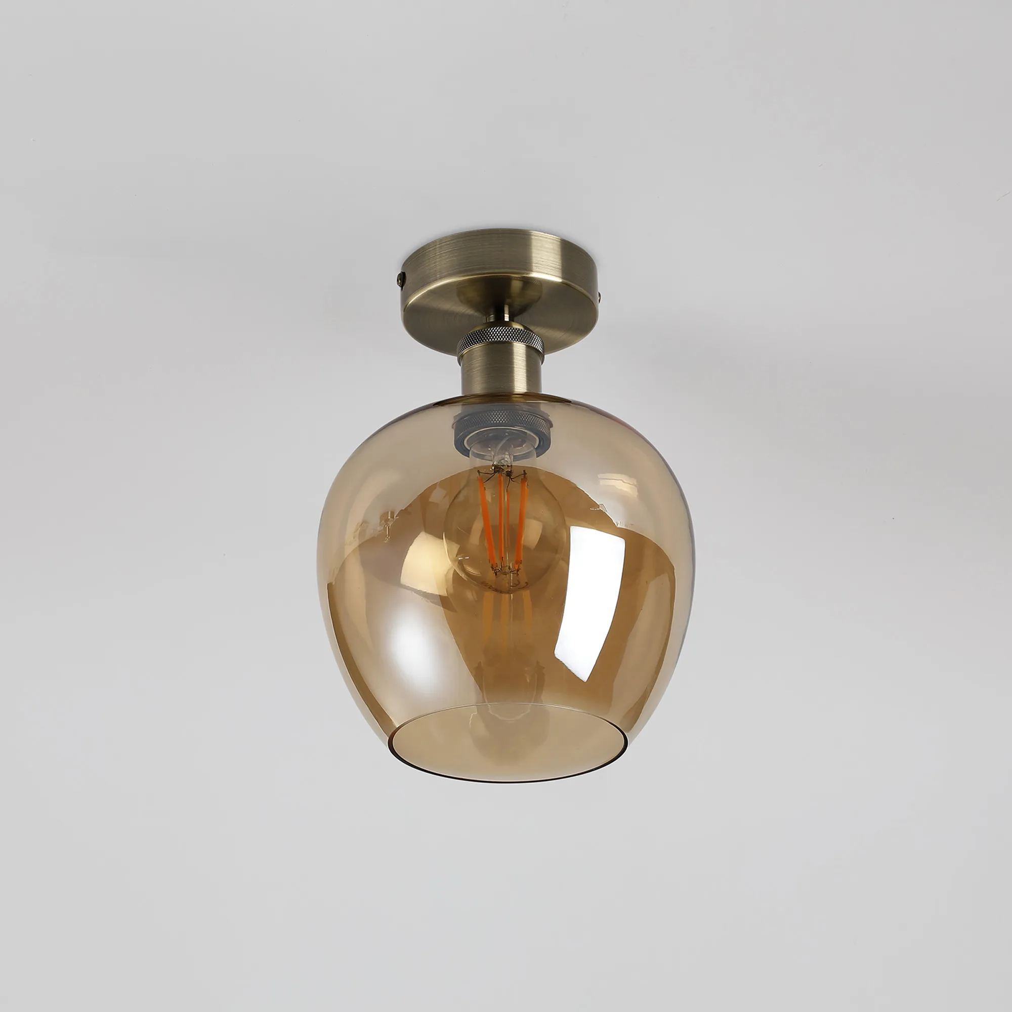 Cawdor Flush Fitting; 1 Light E27; Antique Brass/Amber Wine Glass DK1127  Deco Cawdor